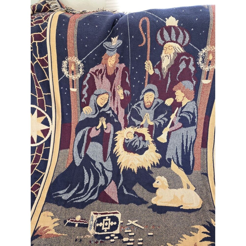 Vintage Goodwin Weavers 100% Cotton Nativity Scene Tapestry Throw 47" x 66"